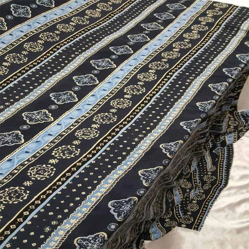 100% Rayon Crepe w Blue Paisleys Print On Black Soft Fabric For Flowy Organic Kids Dress Draping Clothing