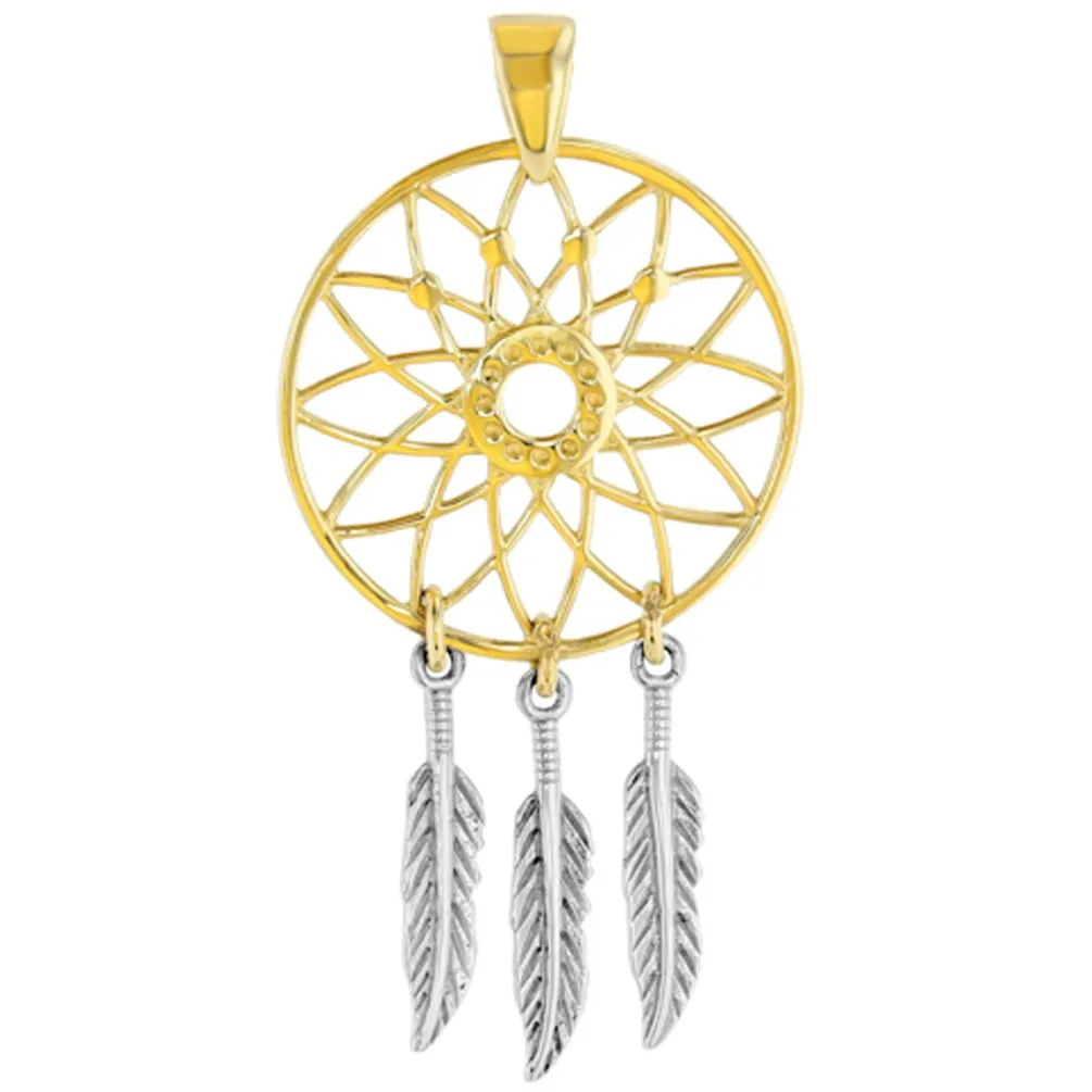 14K Two-Tone Gold Native American Dreamcatcher Charm Pendant with Figaro Necklace