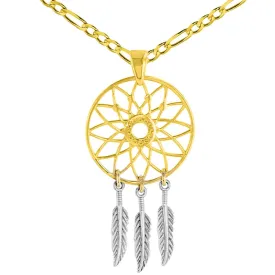 14K Two-Tone Gold Native American Dreamcatcher Charm Pendant with Figaro Necklace