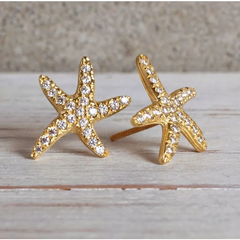 14K Yellow Gold Starfish White Cubic Zirconia 1.3mm Stud Earrings