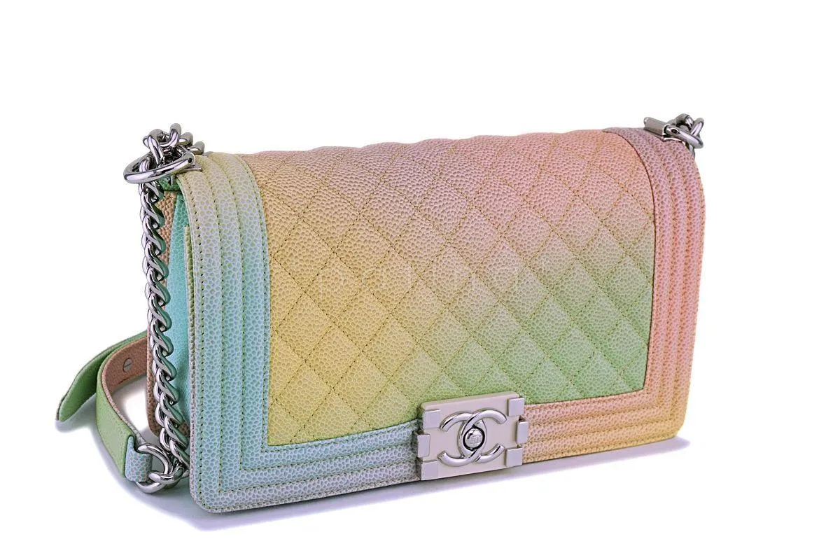 18P Chanel Multicolor Rainbow Caviar Medium Classic Boy Flap Bag