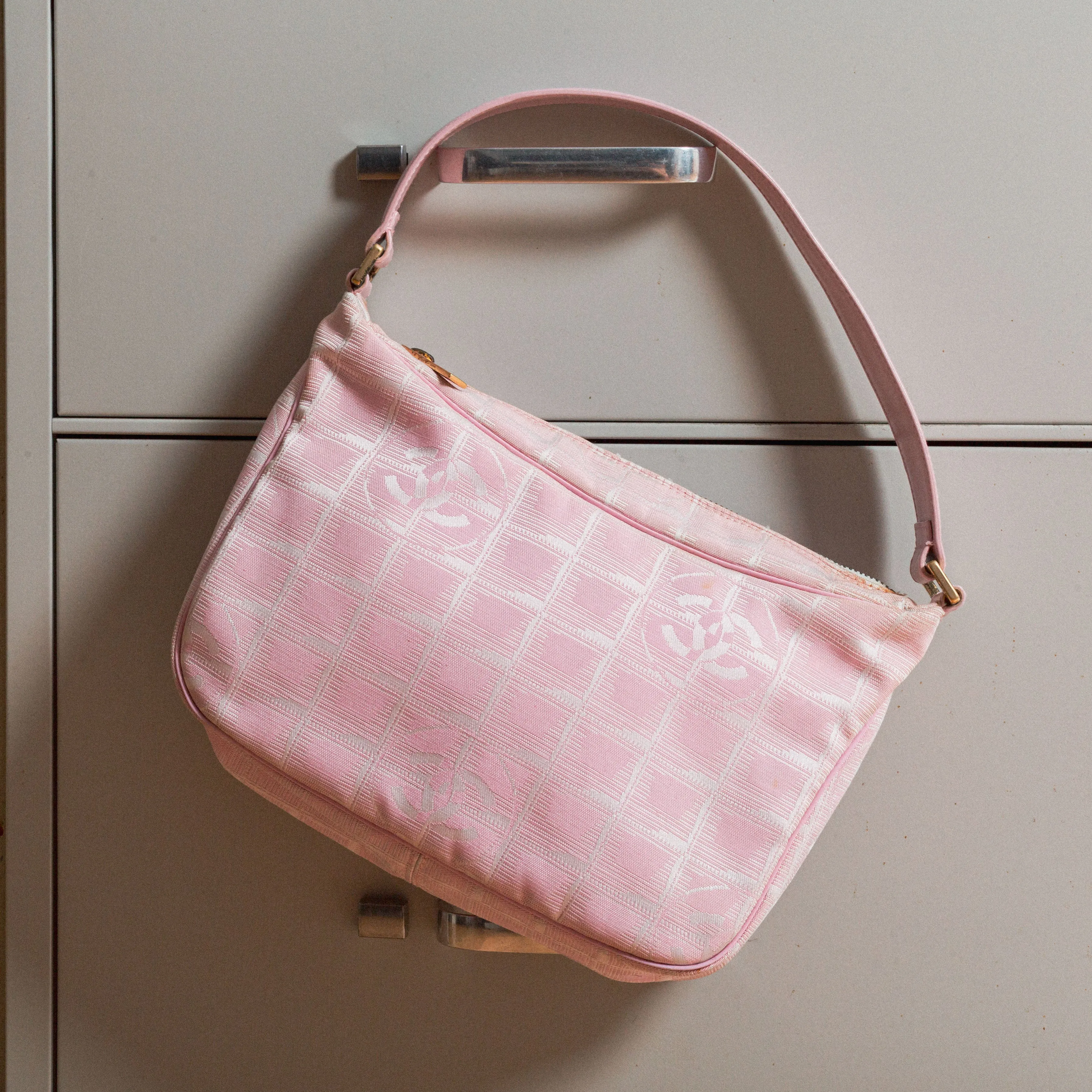 2000s Travel Line Pink Nylon Jacquard CC Shoulder Bag