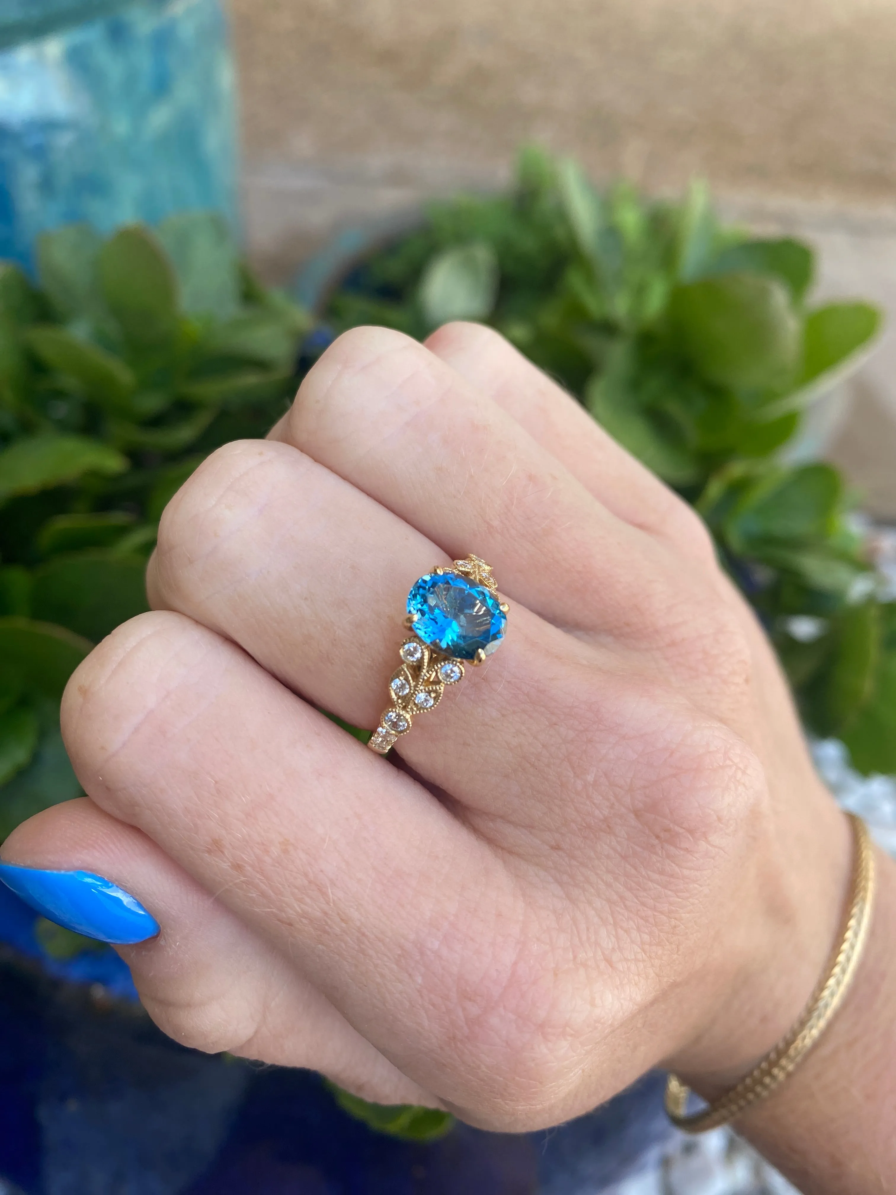 2.07ct Blue Zircon with Diamonds Nature-Inspired Ring in 14K Yellow Gold