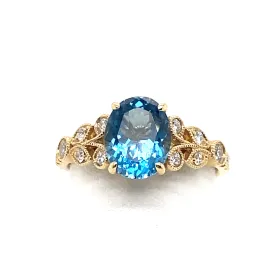 2.07ct Blue Zircon with Diamonds Nature-Inspired Ring in 14K Yellow Gold