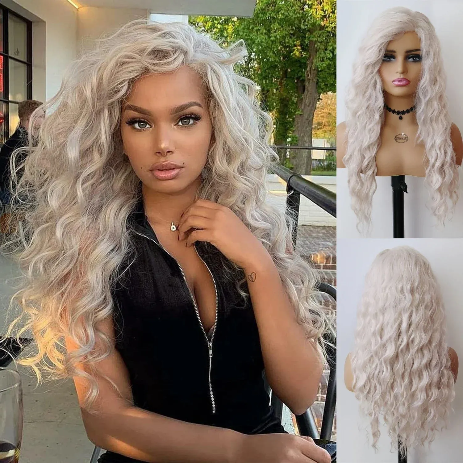 26" Long Curly Wig Synthetic Platinum Blonde Pink Wig Cosplay for Woman Water Wave Hair Natural Blend Wig with Bangs