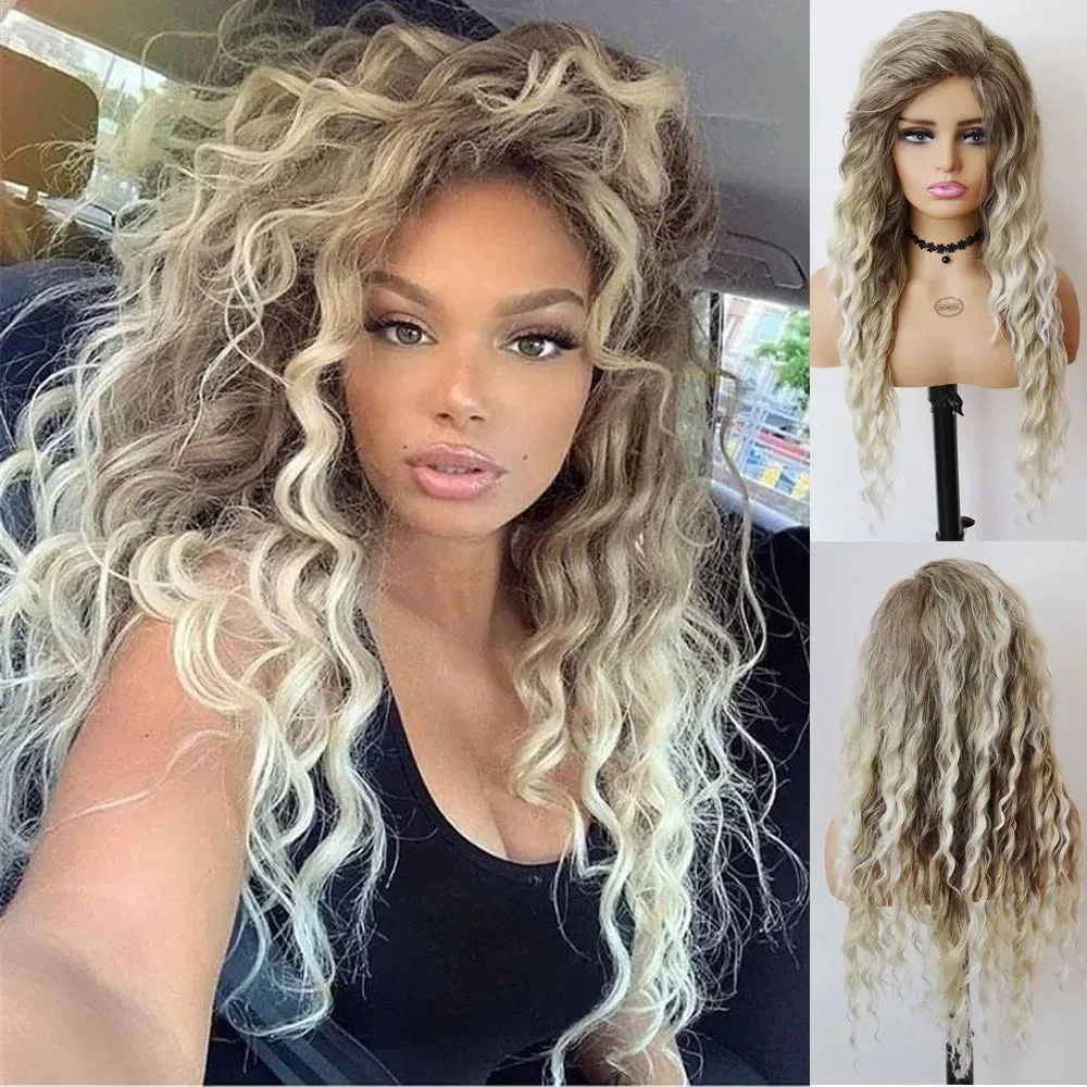 26" Long Curly Wig Synthetic Platinum Blonde Pink Wig Cosplay for Woman Water Wave Hair Natural Blend Wig with Bangs