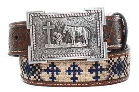 3D Belt Company Boy's Aztec Embroidered Leather Belt with Square Silver Buckle