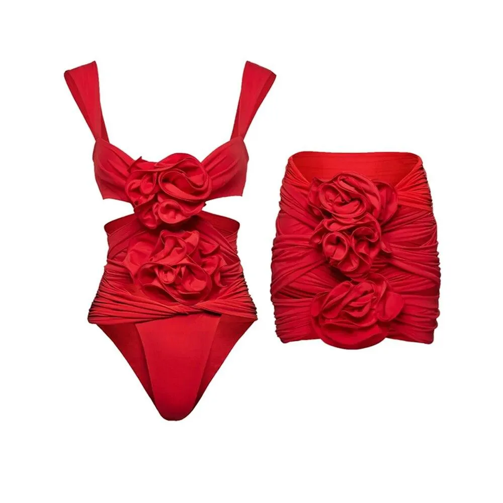 3D Flower Cutout Swimwear - Red