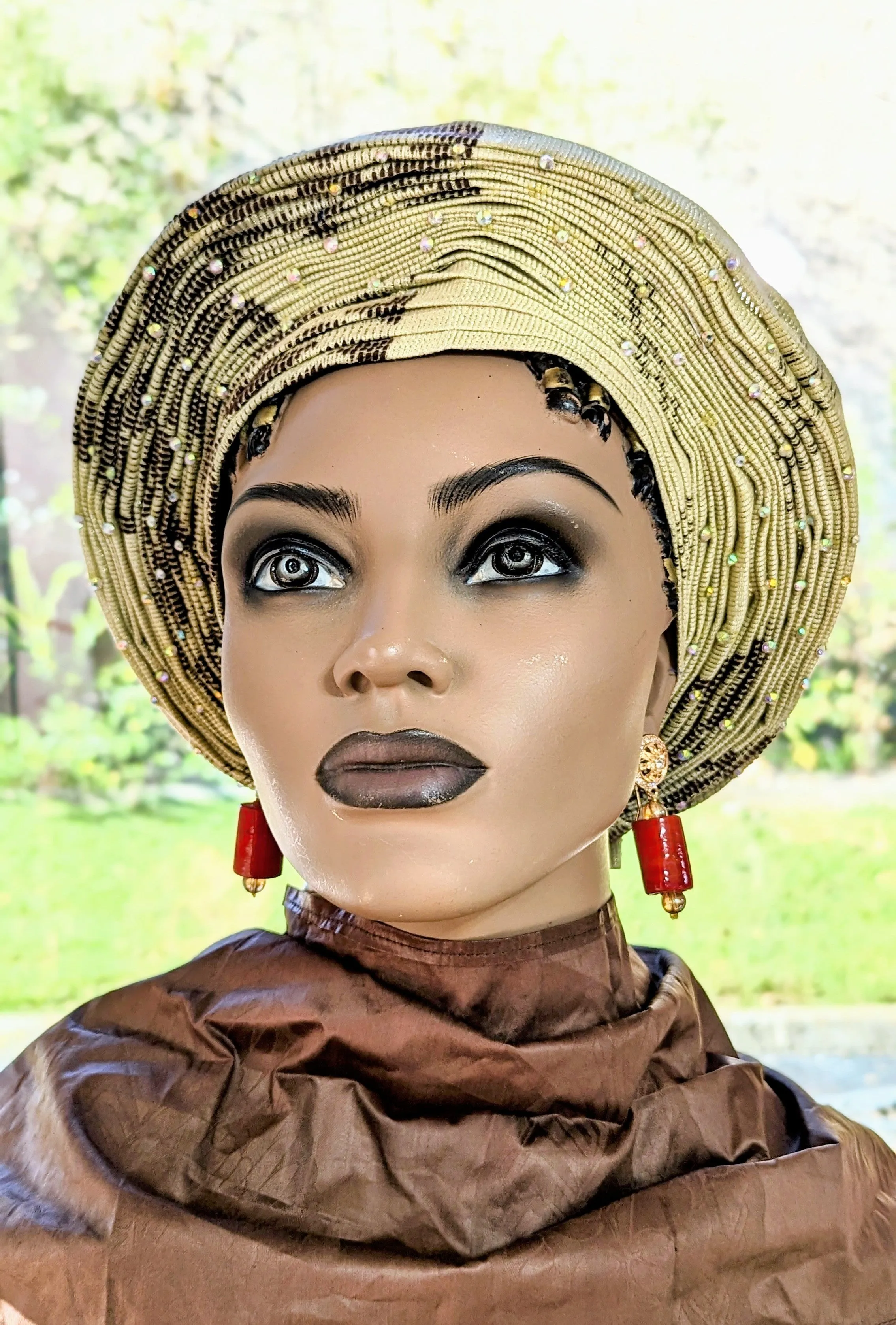 Adefewa Tan with Brown patterns Aso Oke African head tie Autogele pre-tied head wrap-DPAGPTB56