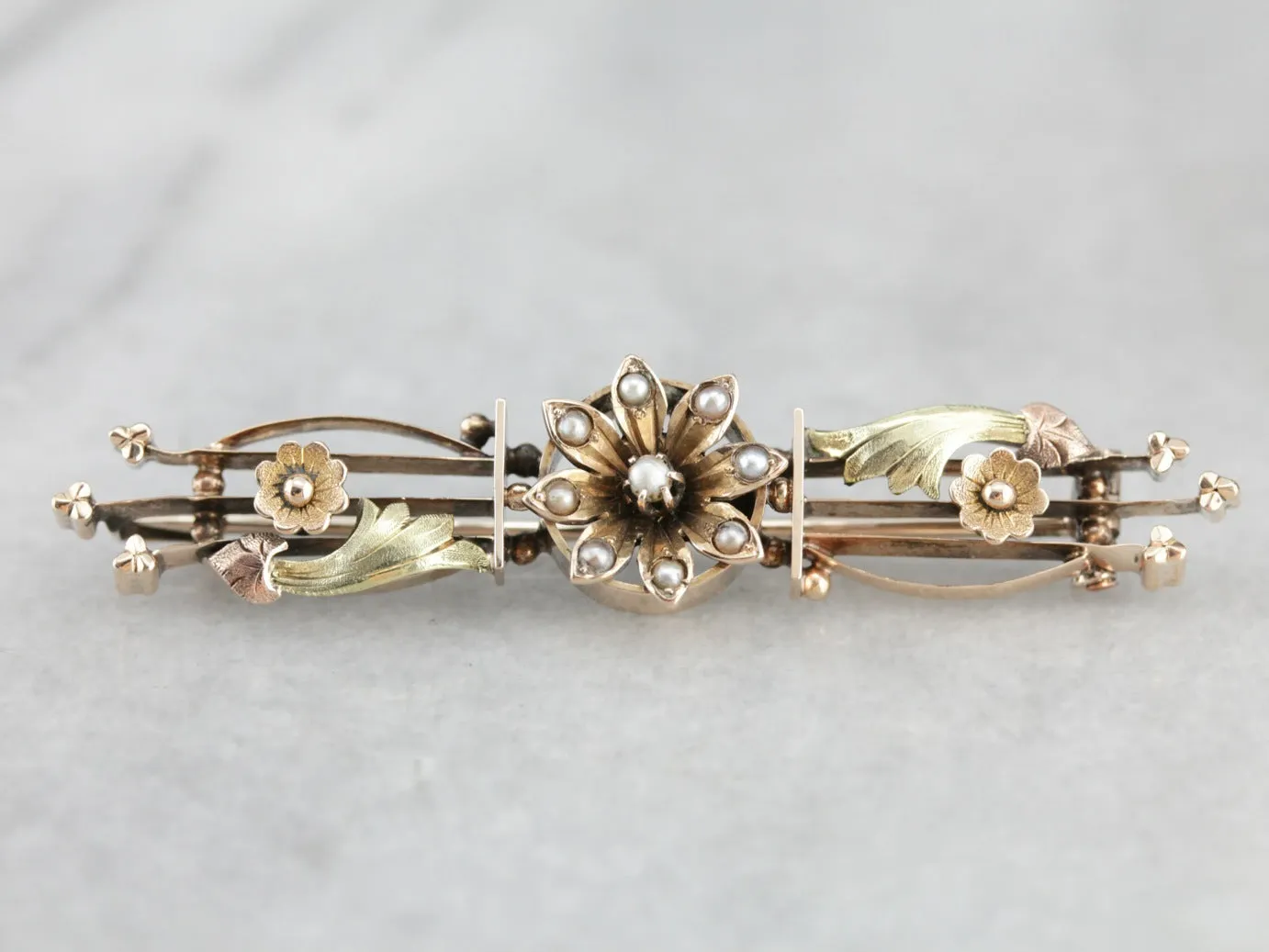 Antique Floral Seed Pearl Bar Brooch