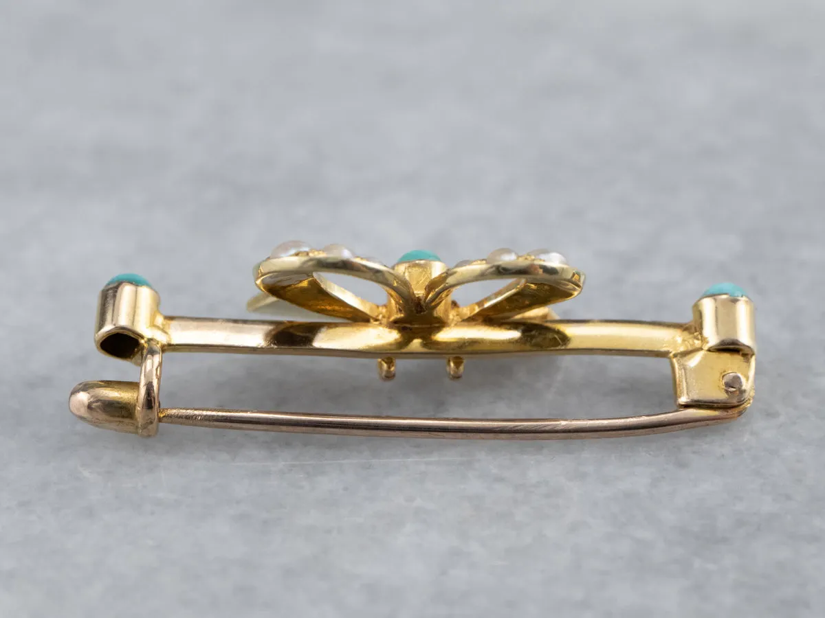 Antique Turquoise Glass and Pearl Bow Pin