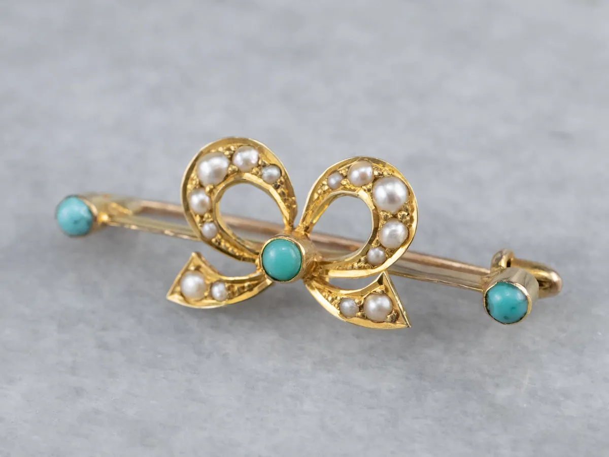 Antique Turquoise Glass and Pearl Bow Pin