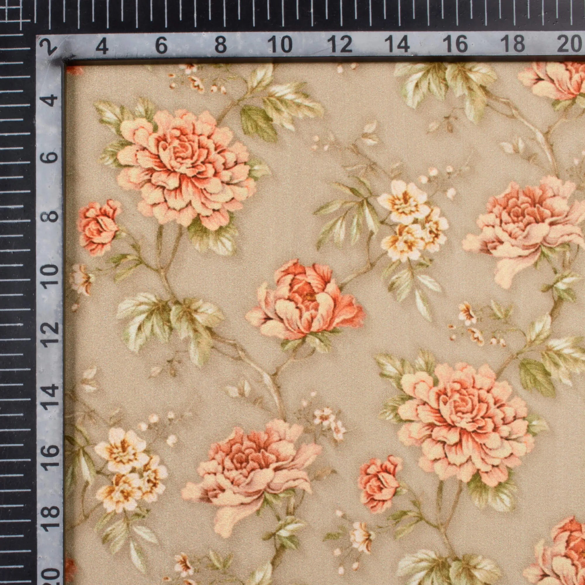 Artichoke Green And Peach Floral Pattern Digital Print Lush Satin Fabric