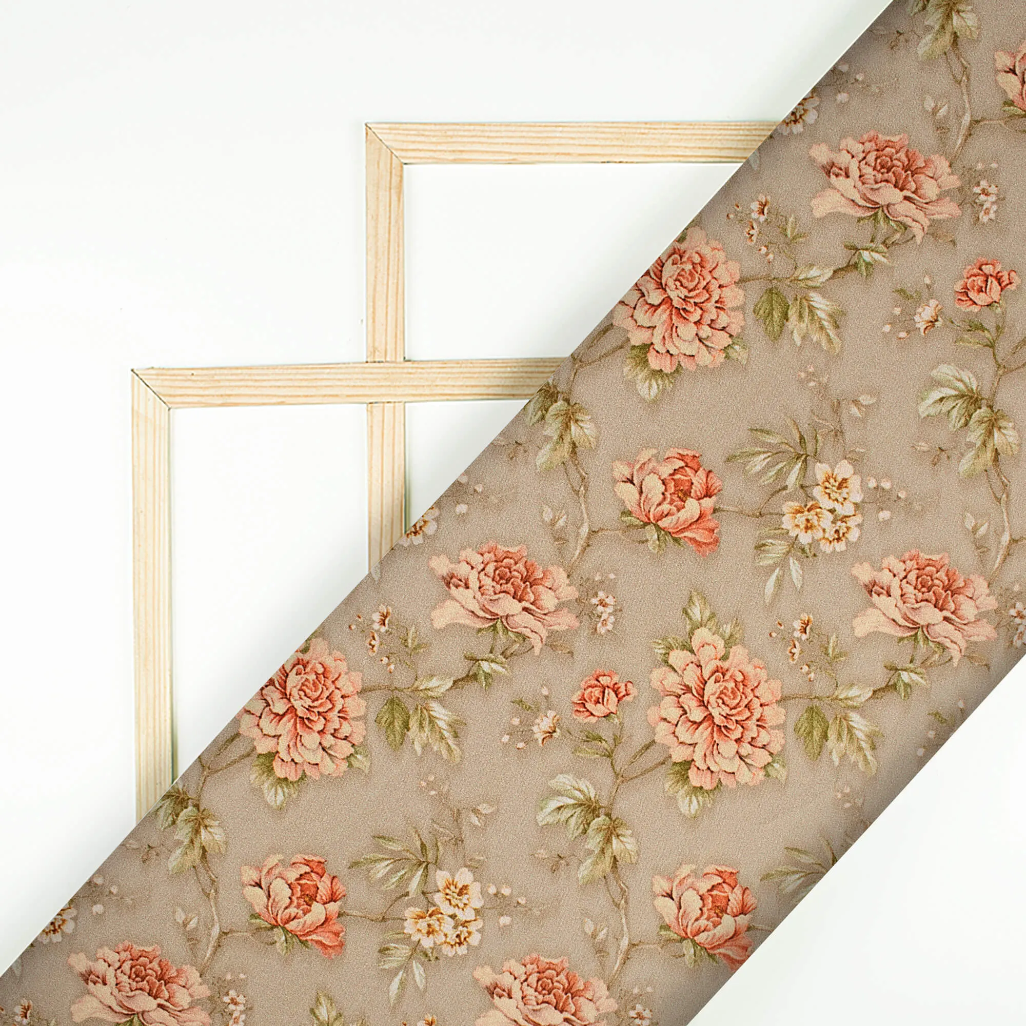 Artichoke Green And Peach Floral Pattern Digital Print Lush Satin Fabric