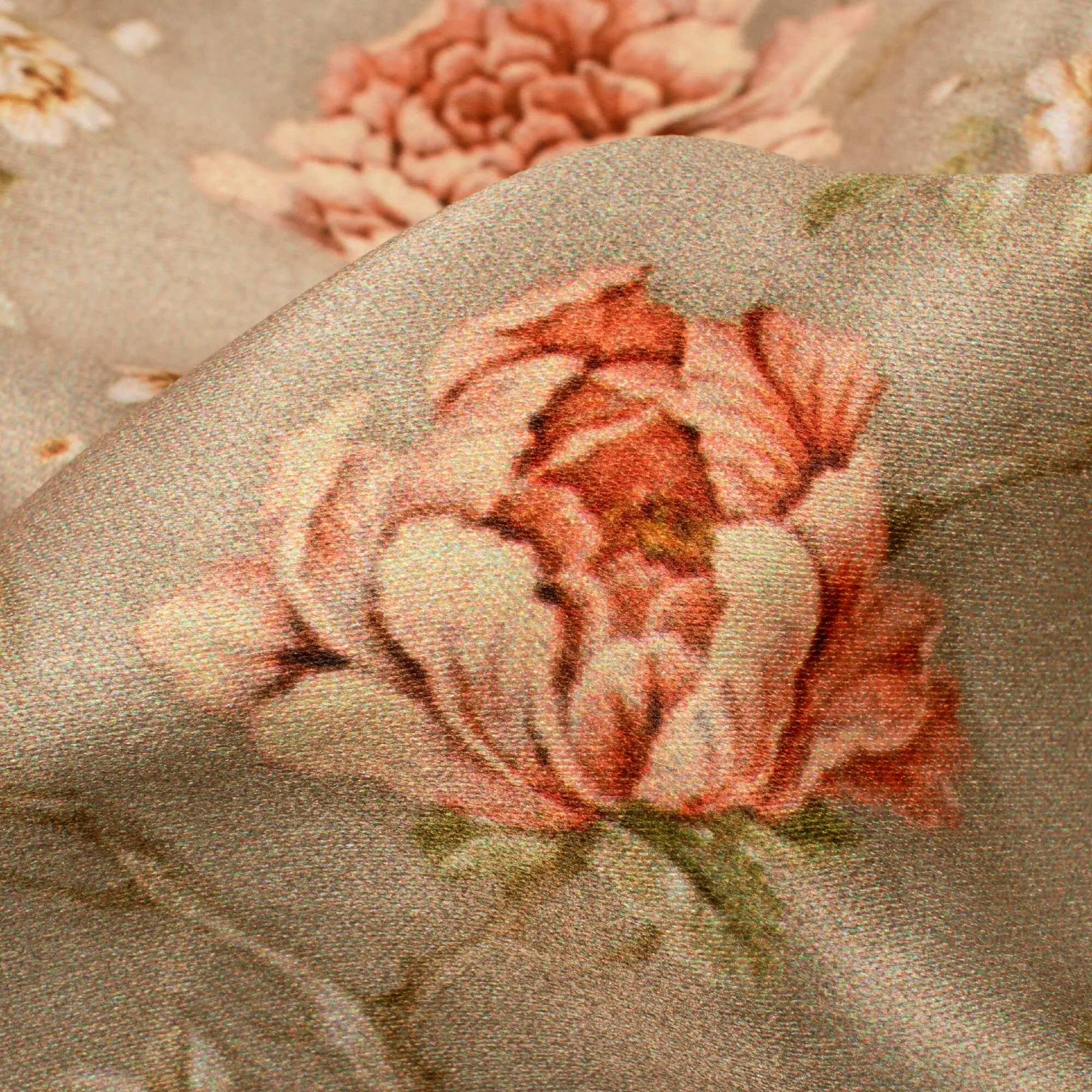 Artichoke Green And Peach Floral Pattern Digital Print Lush Satin Fabric