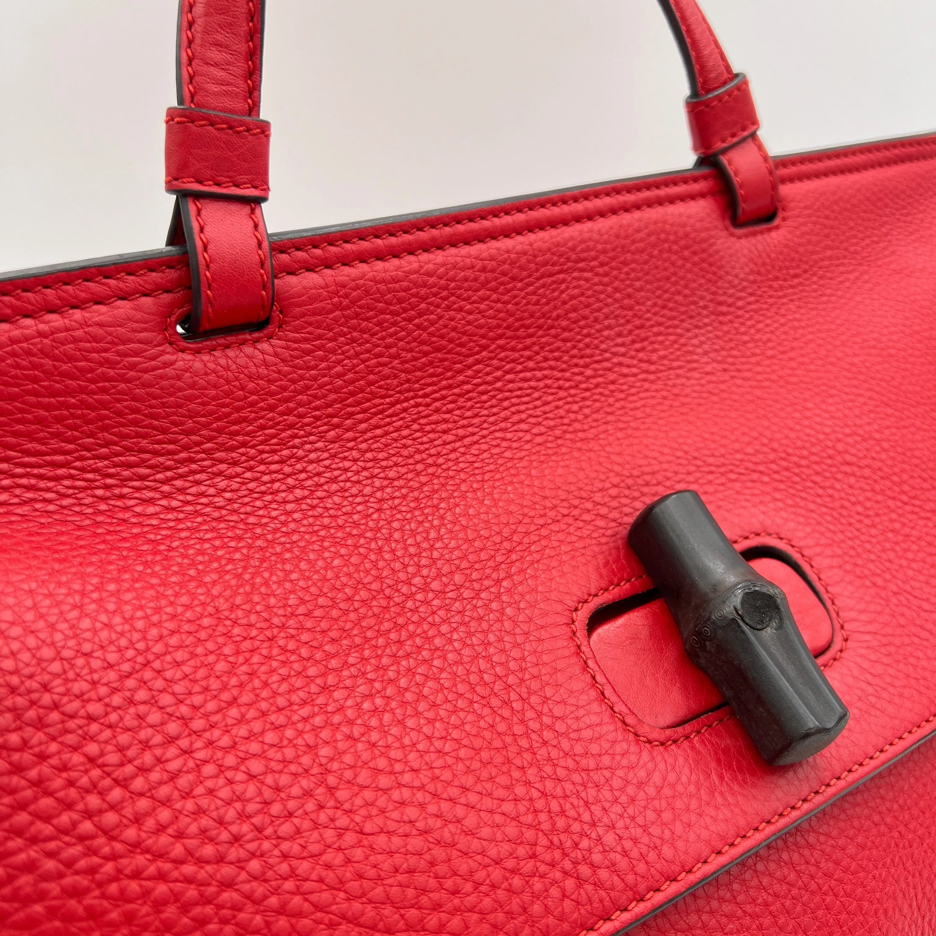 Bamboo Daily Medium Red Top Handle Bag in Calfskin, Silver hardware