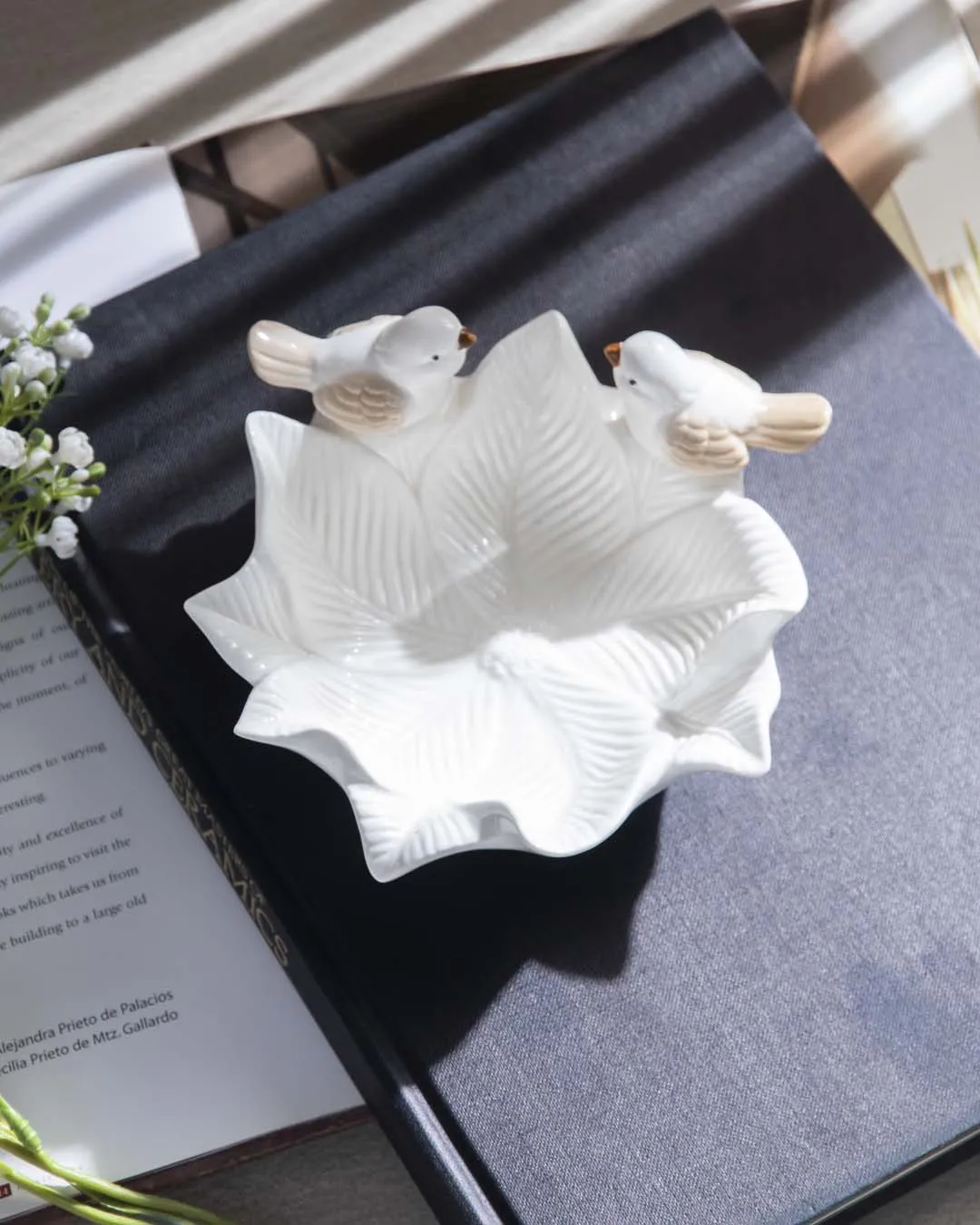 Bird on Leaf Ring Dish - White