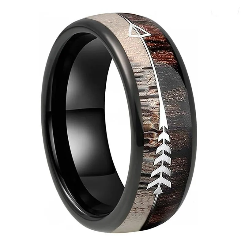 Black Tungsten Arrow Ring with Koa Wood & Deer Antler Inlay (8mm)