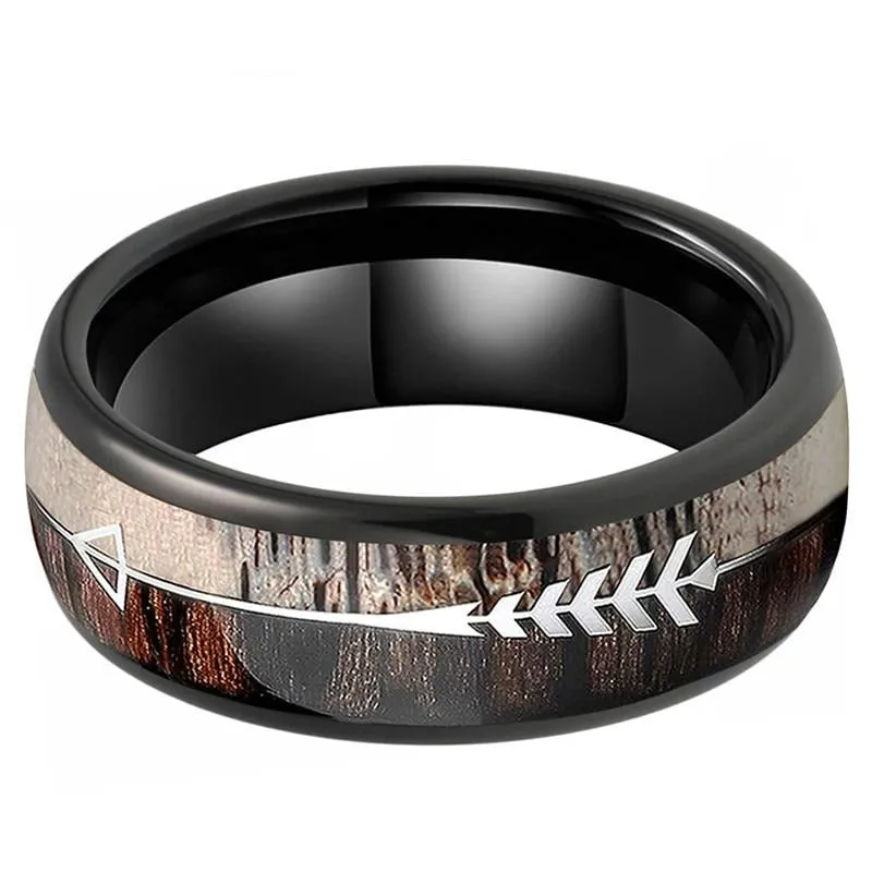 Black Tungsten Arrow Ring with Koa Wood & Deer Antler Inlay (8mm)