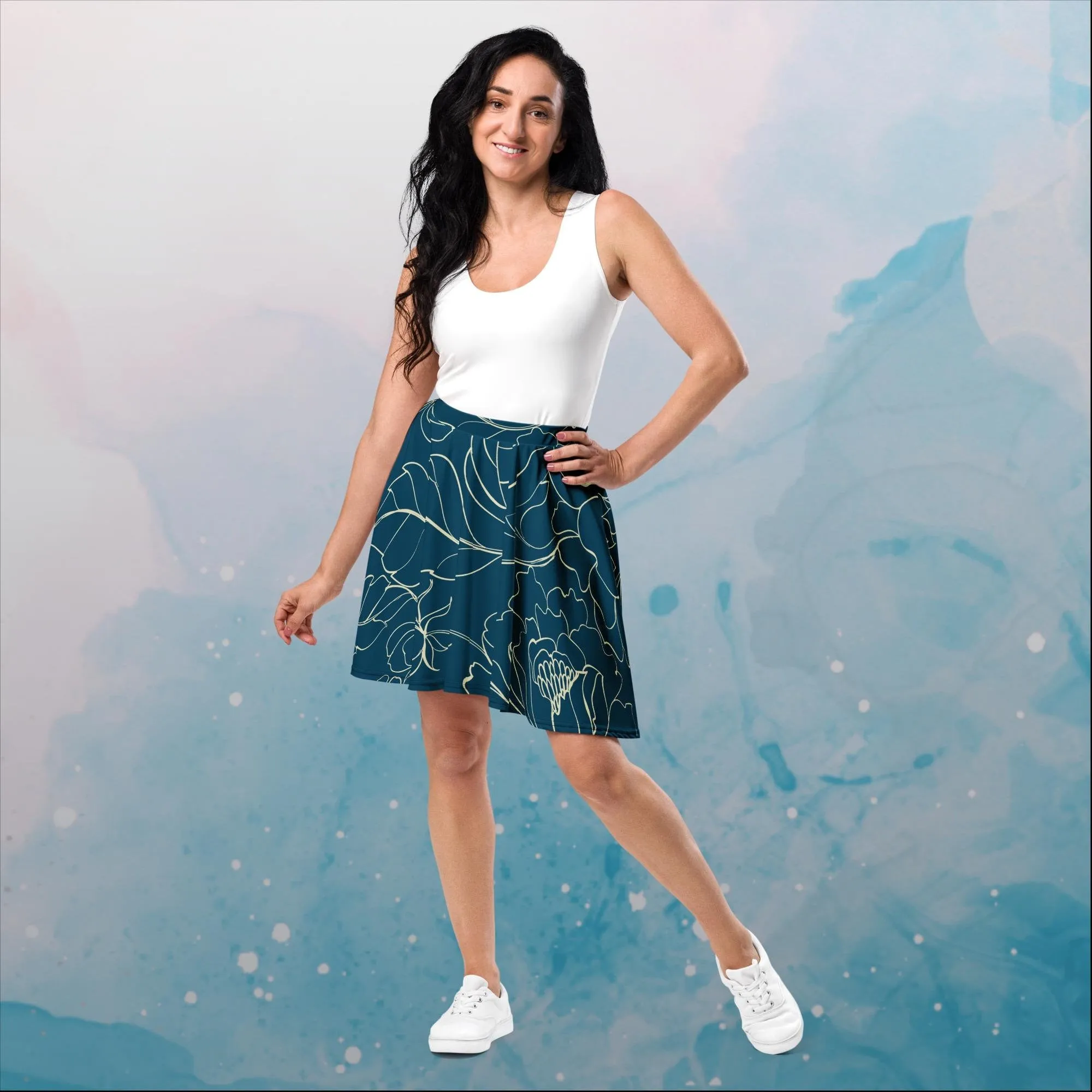 Blue and Cream Floral Stencil Lines Womens Skater Skirt