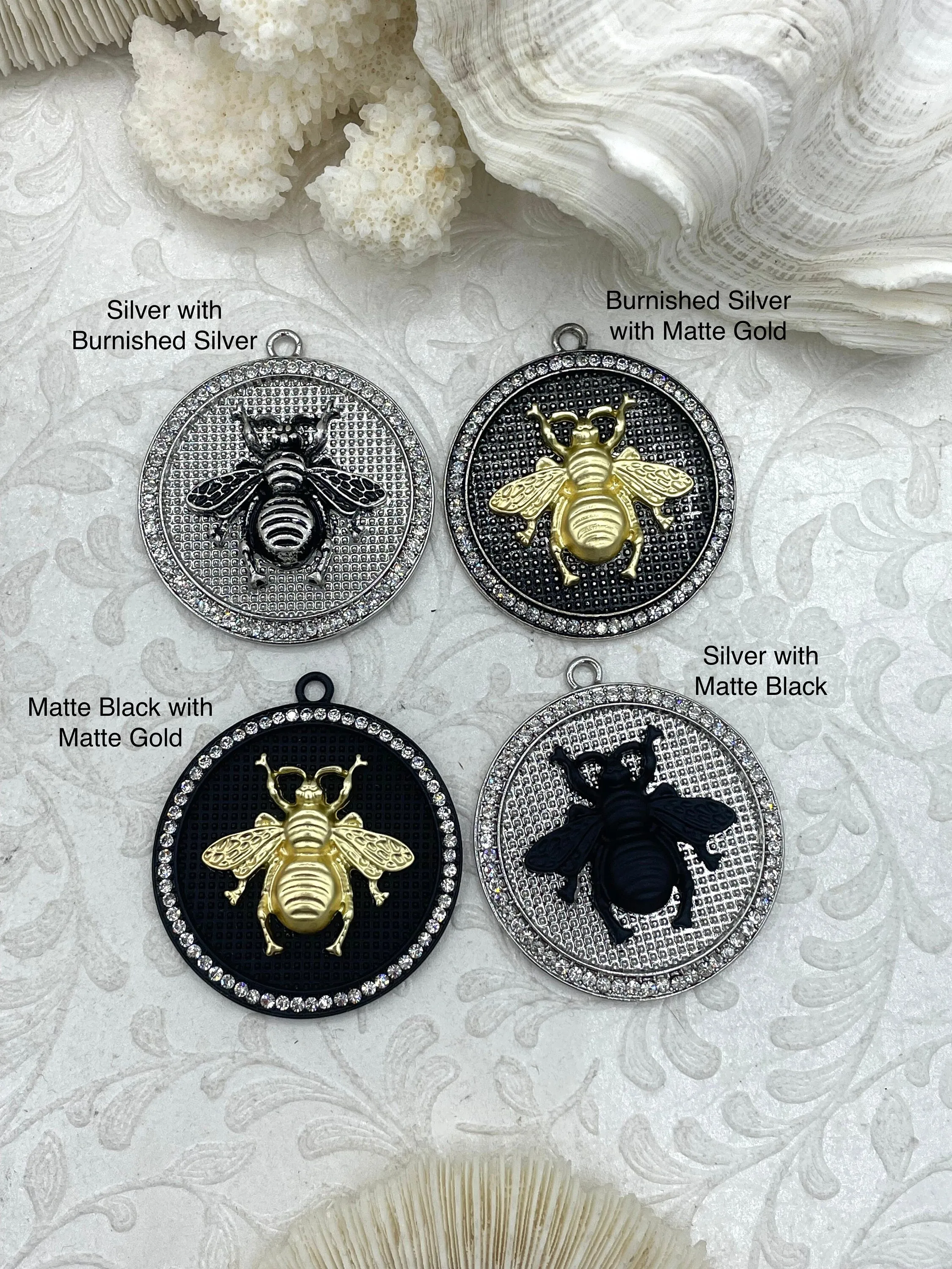 Bumble Bee Pendant with CZ, Round Bee Charm, Bumble Bee Charm, Mixed Metal Bumble Bee, 4 Styles, Zinc Alloy, Cubic Zirconia, Fast Ship