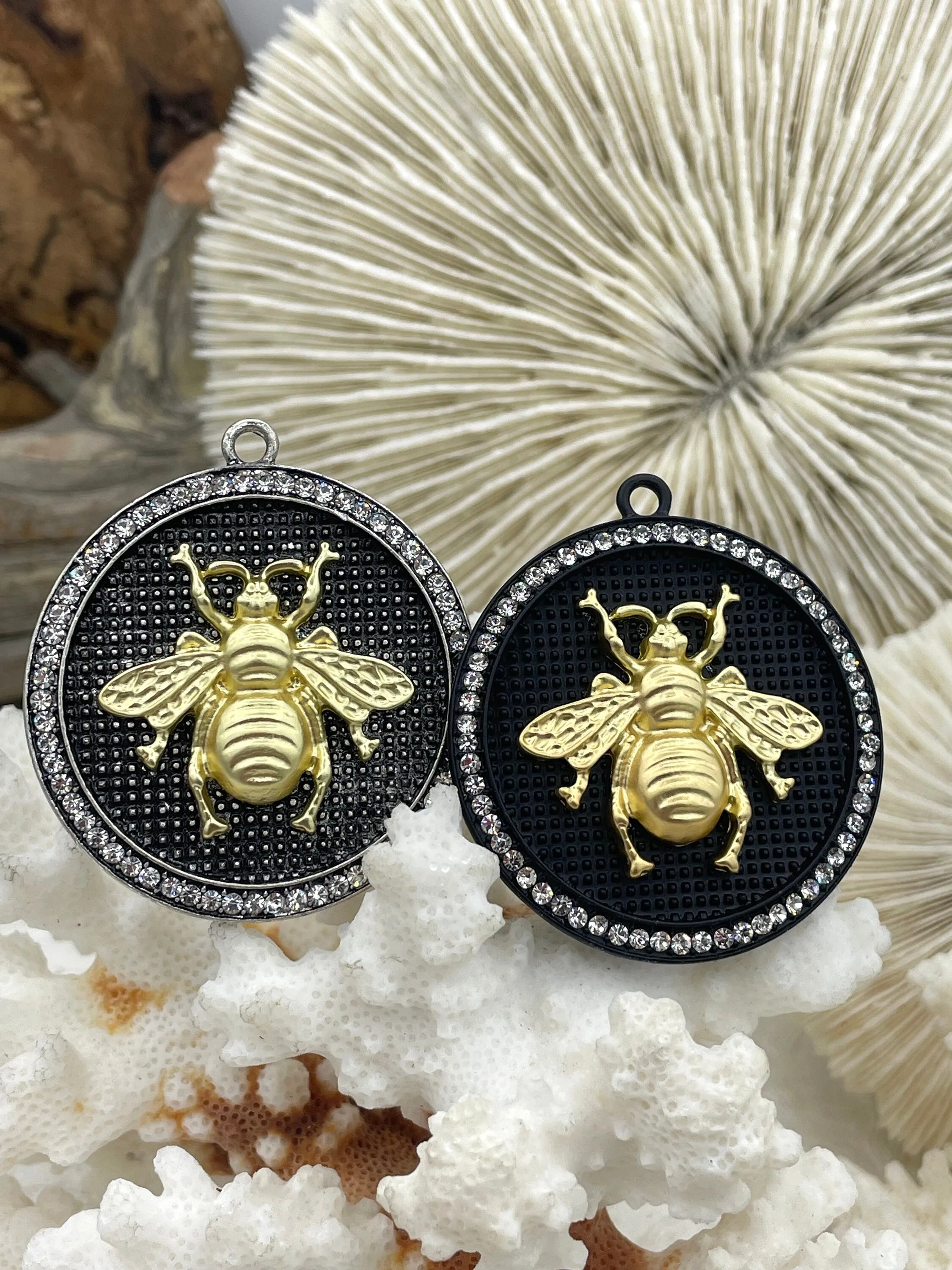 Bumble Bee Pendant with CZ, Round Bee Charm, Bumble Bee Charm, Mixed Metal Bumble Bee, 4 Styles, Zinc Alloy, Cubic Zirconia, Fast Ship