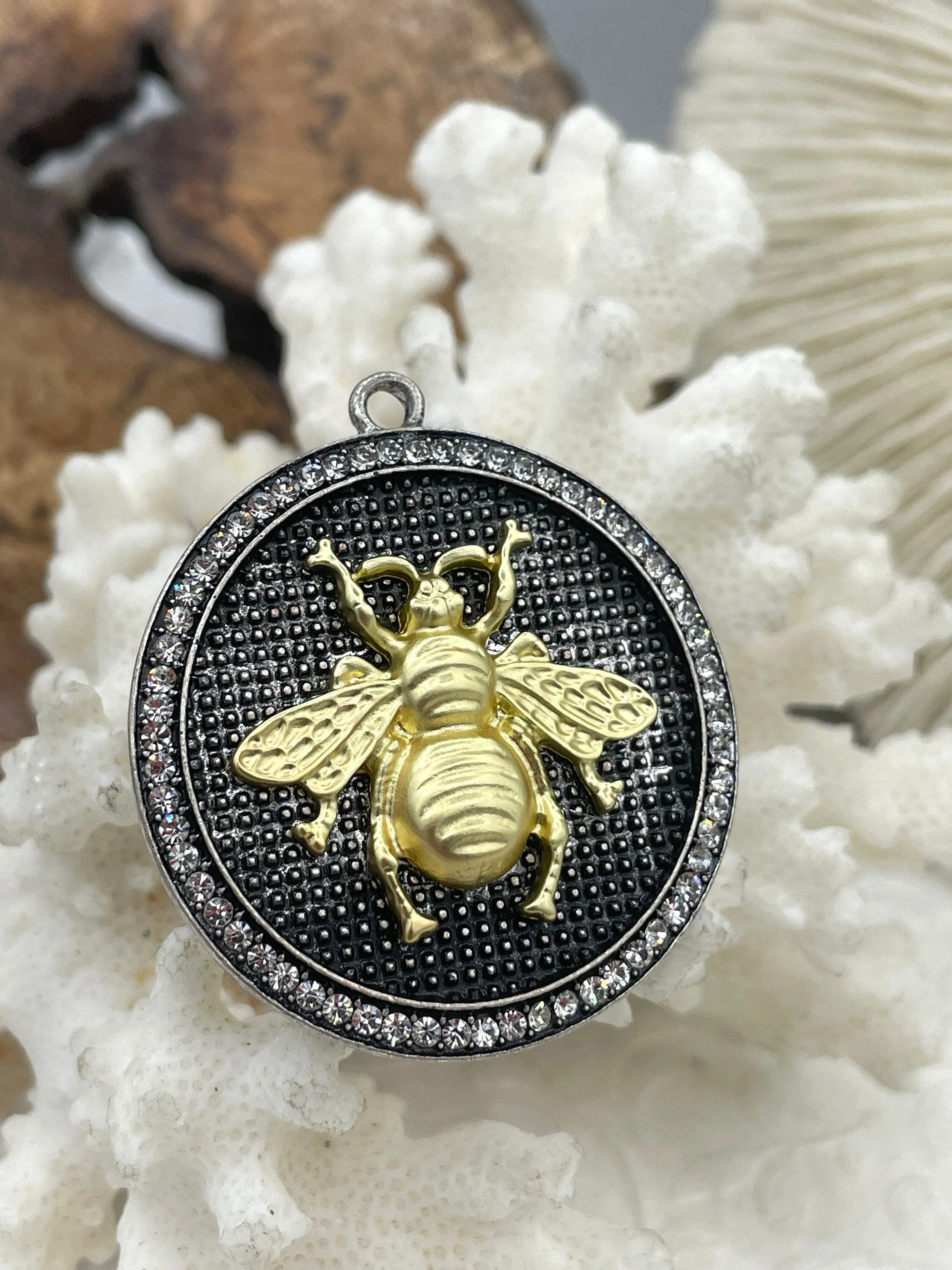 Bumble Bee Pendant with CZ, Round Bee Charm, Bumble Bee Charm, Mixed Metal Bumble Bee, 4 Styles, Zinc Alloy, Cubic Zirconia, Fast Ship