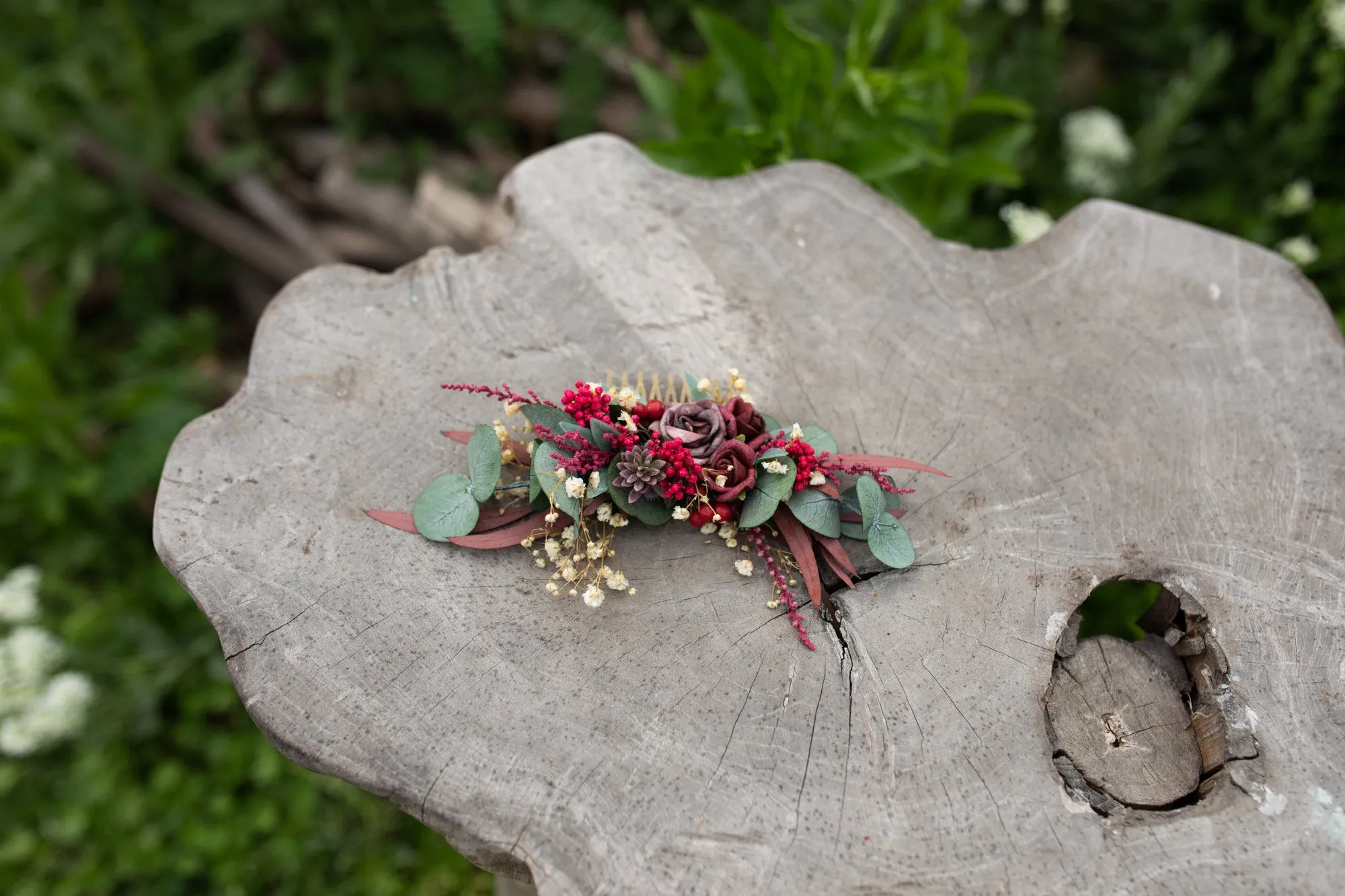 Burgundy wedding hair comb Bridal flower comb Magaela accessories Red wine flower jewellery Dark red roses Eucalyptus and Baby's breath comb