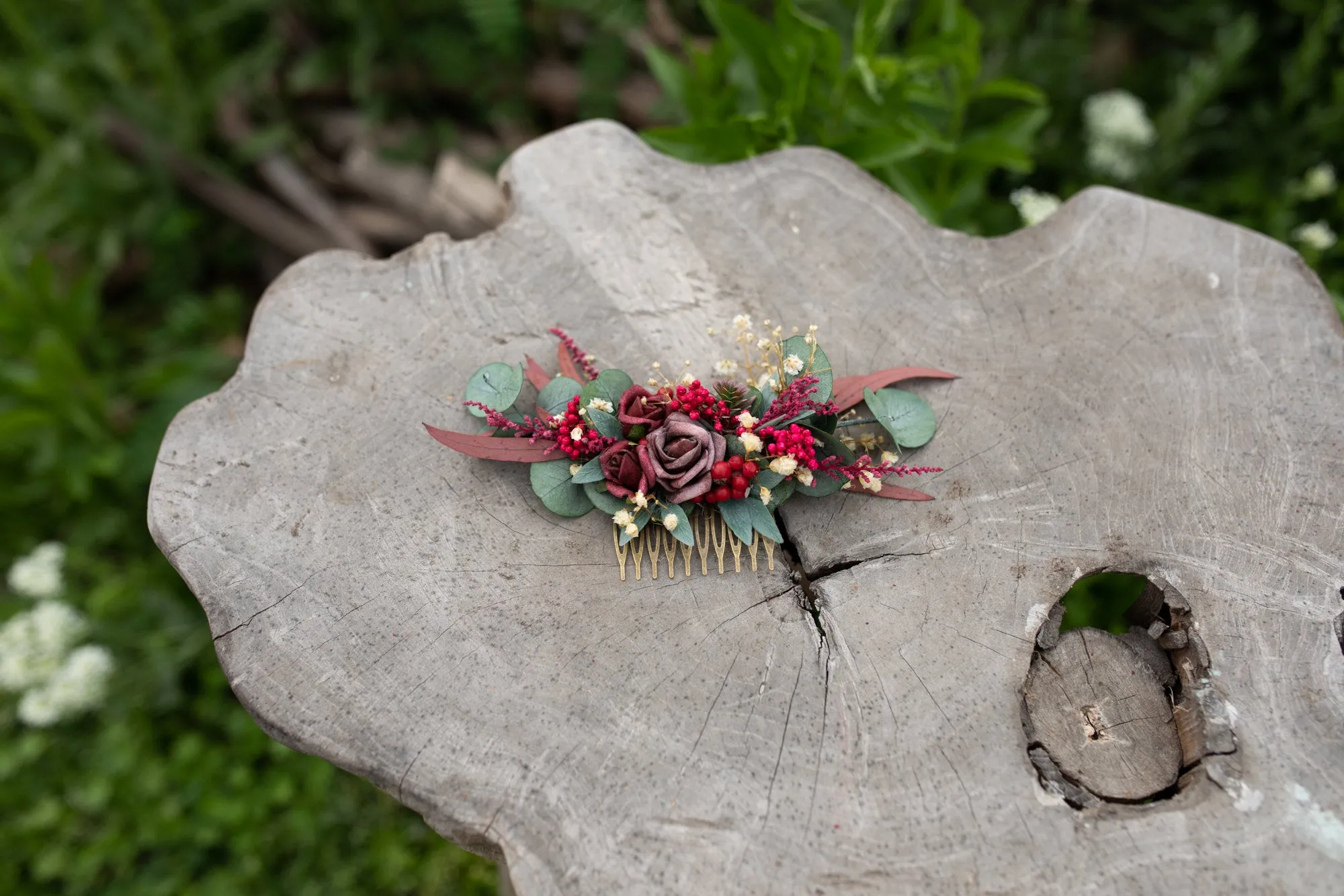 Burgundy wedding hair comb Bridal flower comb Magaela accessories Red wine flower jewellery Dark red roses Eucalyptus and Baby's breath comb