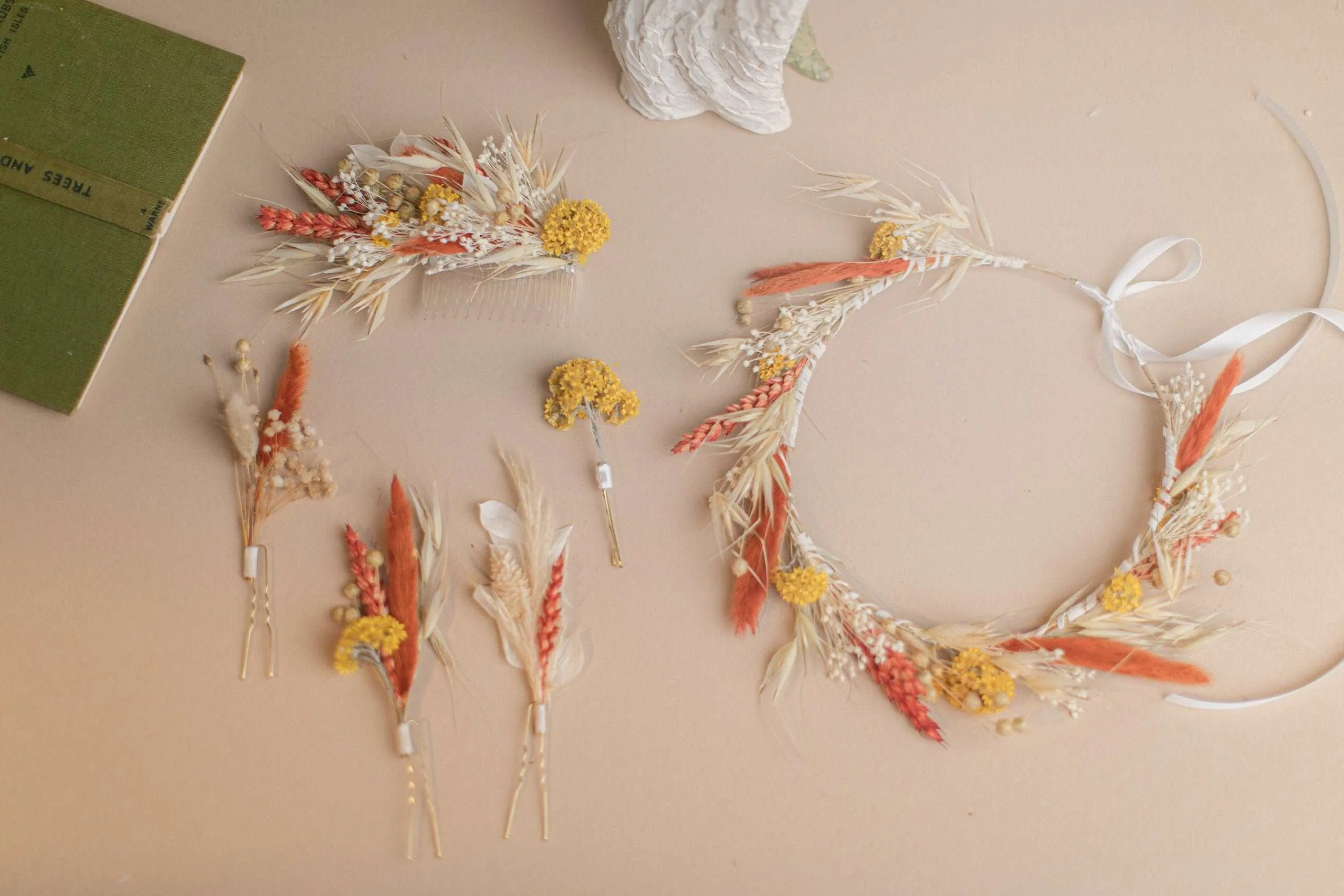 Burnt Orange & Yellow Hair Comb / Bridal Wedding Flower Set