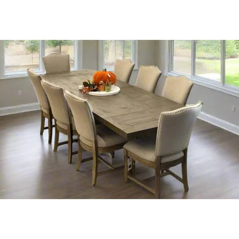 Caleb 9pc Dining Set (Extendable 84"-114" Reclaimed Pine Table  8 Upholstered Chairs)