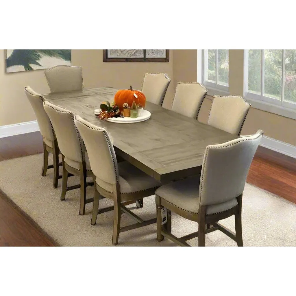 Caleb 9pc Dining Set (Extendable 84"-114" Reclaimed Pine Table  8 Upholstered Chairs)