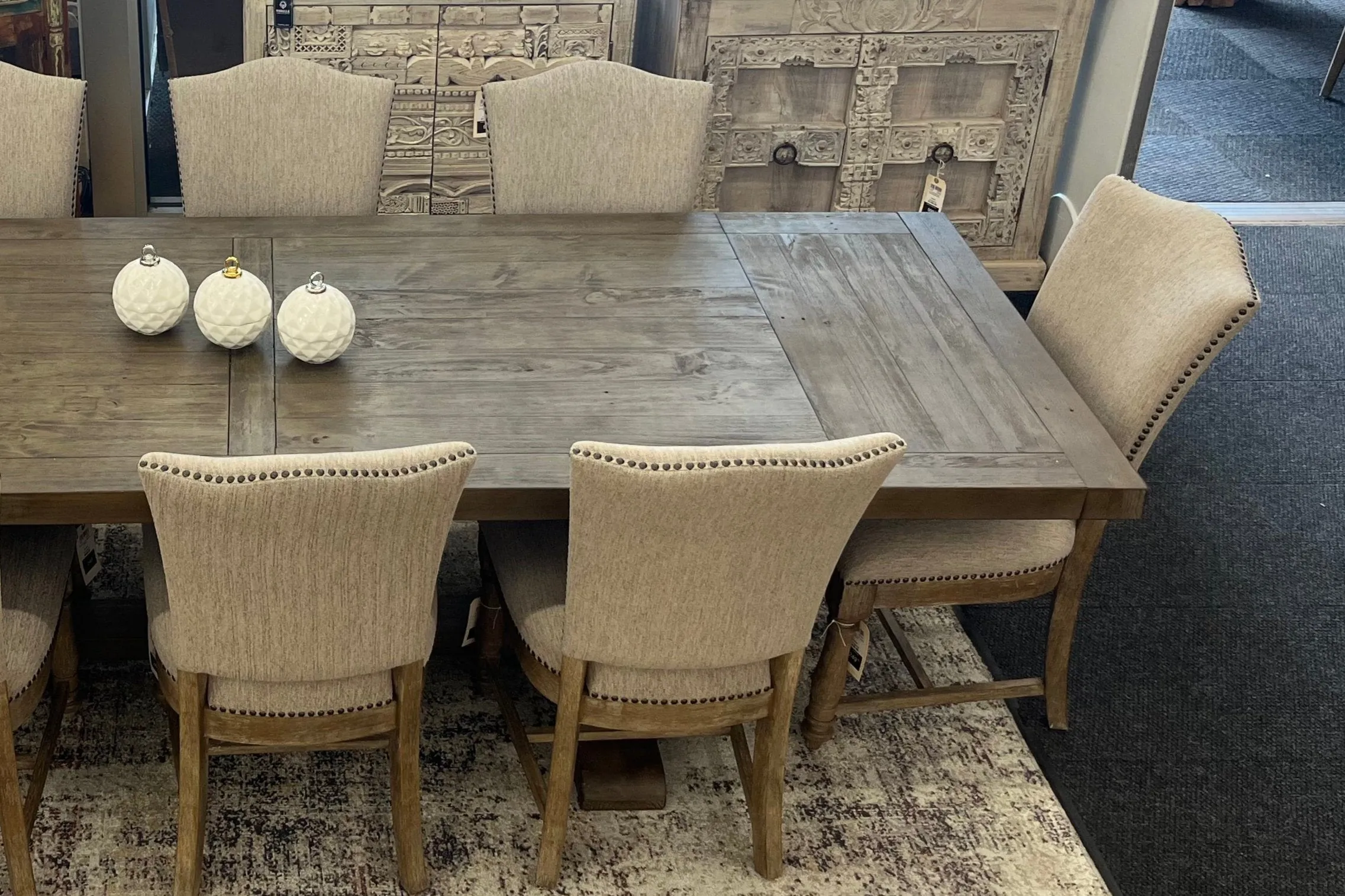 Caleb 9pc Dining Set (Extendable 84"-114" Reclaimed Pine Table  8 Upholstered Chairs)