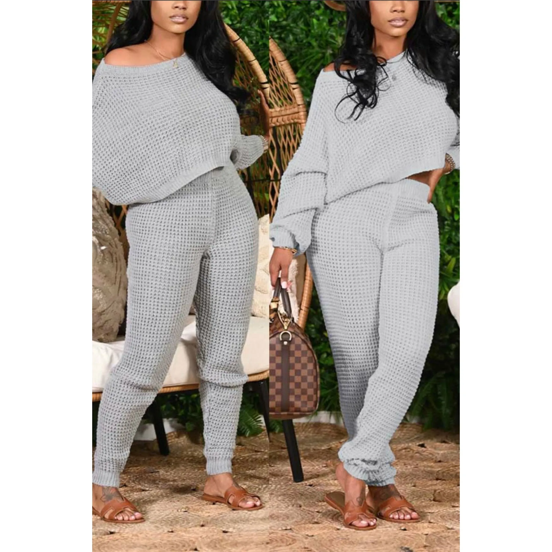 Casual Solid Color Bat Sleeve Sweater Set