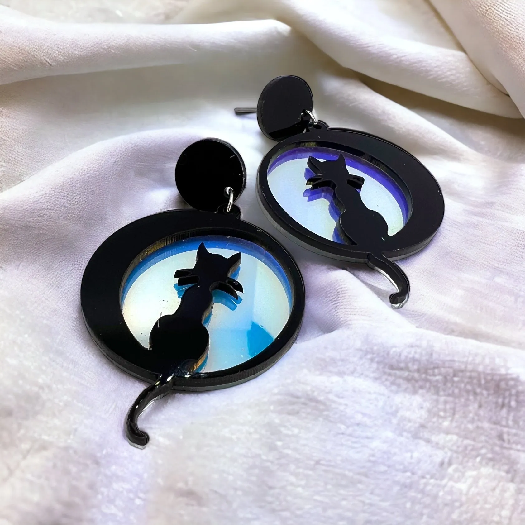 Cat and Moon Earrings - Halloween Accessories , Halloween Earrings, Not So Scary Halloween, Full Moon Earrings