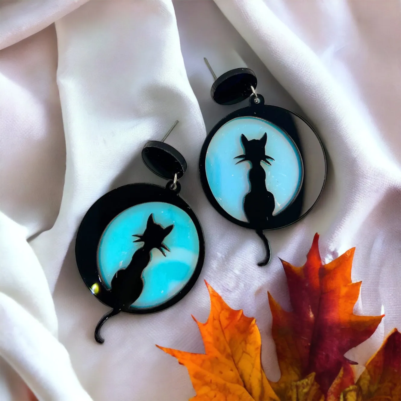 Cat and Moon Earrings - Halloween Accessories , Halloween Earrings, Not So Scary Halloween, Full Moon Earrings