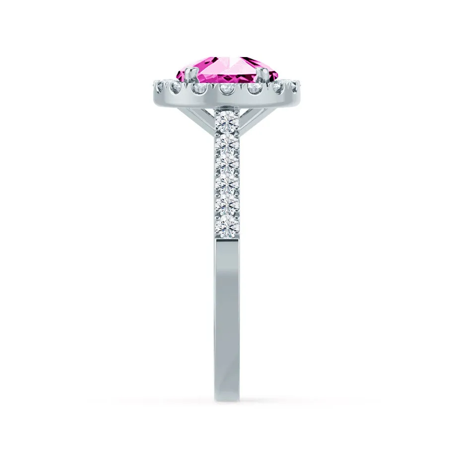 CECILY - Chatham® Lab Grown Pink Sapphire & Diamond 18k White Gold Halo Ring