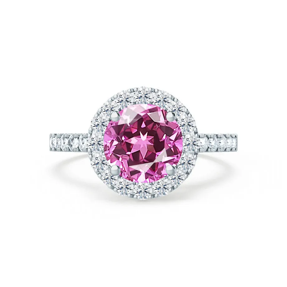 CECILY - Chatham® Lab Grown Pink Sapphire & Diamond 18k White Gold Halo Ring