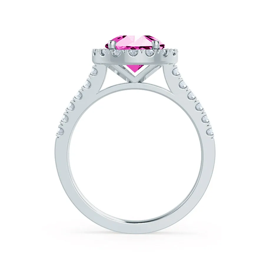 CECILY - Chatham® Lab Grown Pink Sapphire & Diamond 18k White Gold Halo Ring