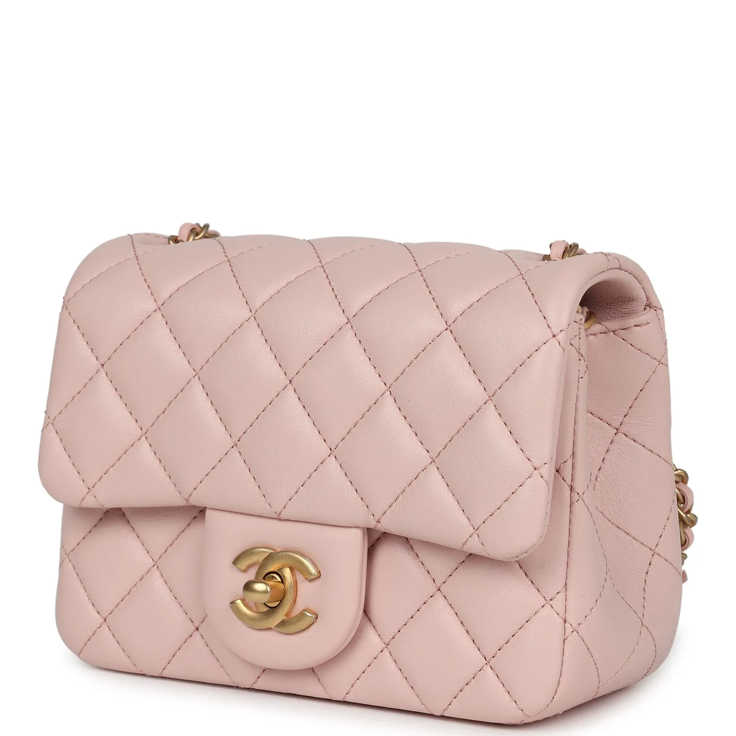 Chanel Mini Pearl Crush Square Flap Bag Light Pink Lambskin Aged Gold Hardware