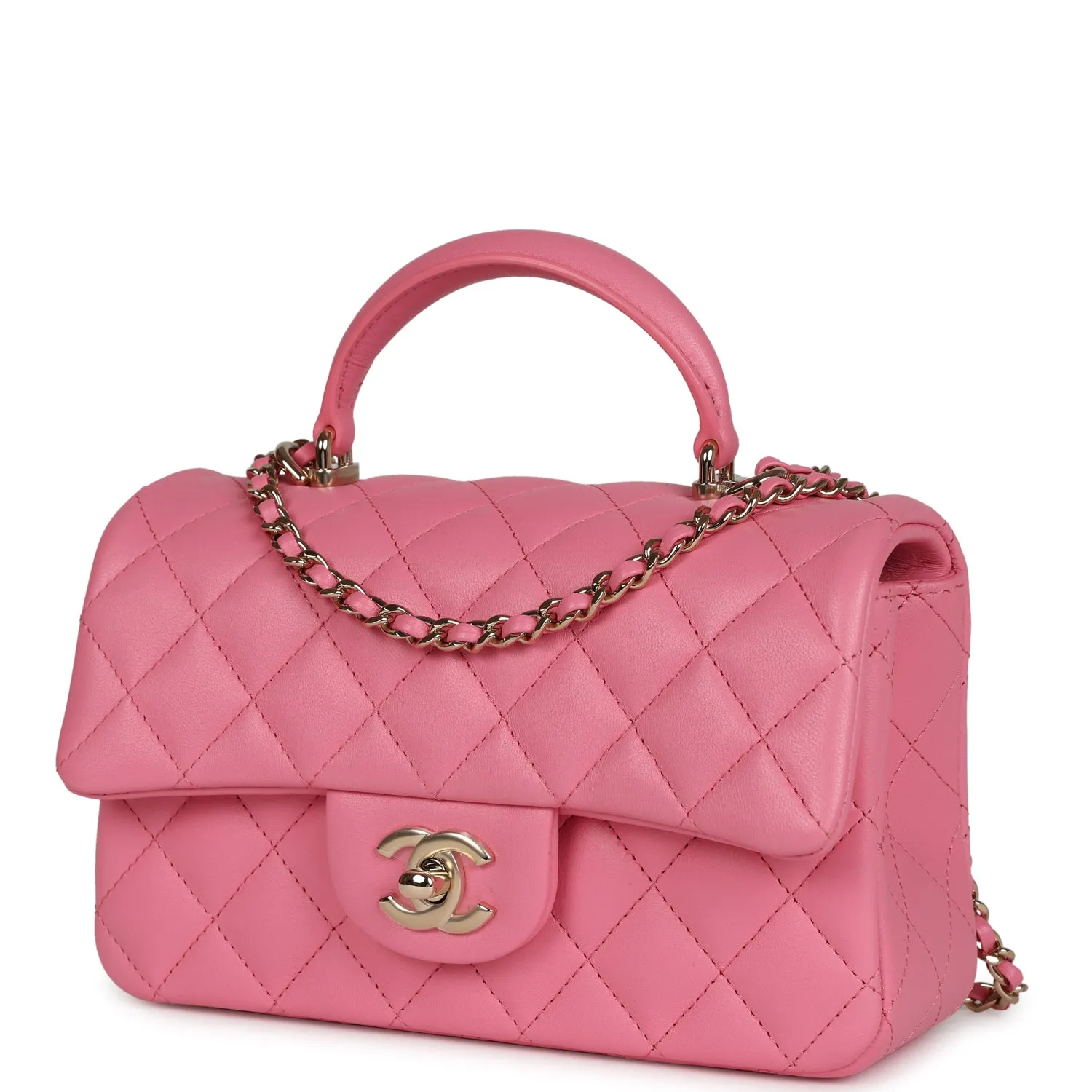 Chanel Mini Rectangular Flap with Top Handle Dark Pink Lambskin Light Gold Hardware