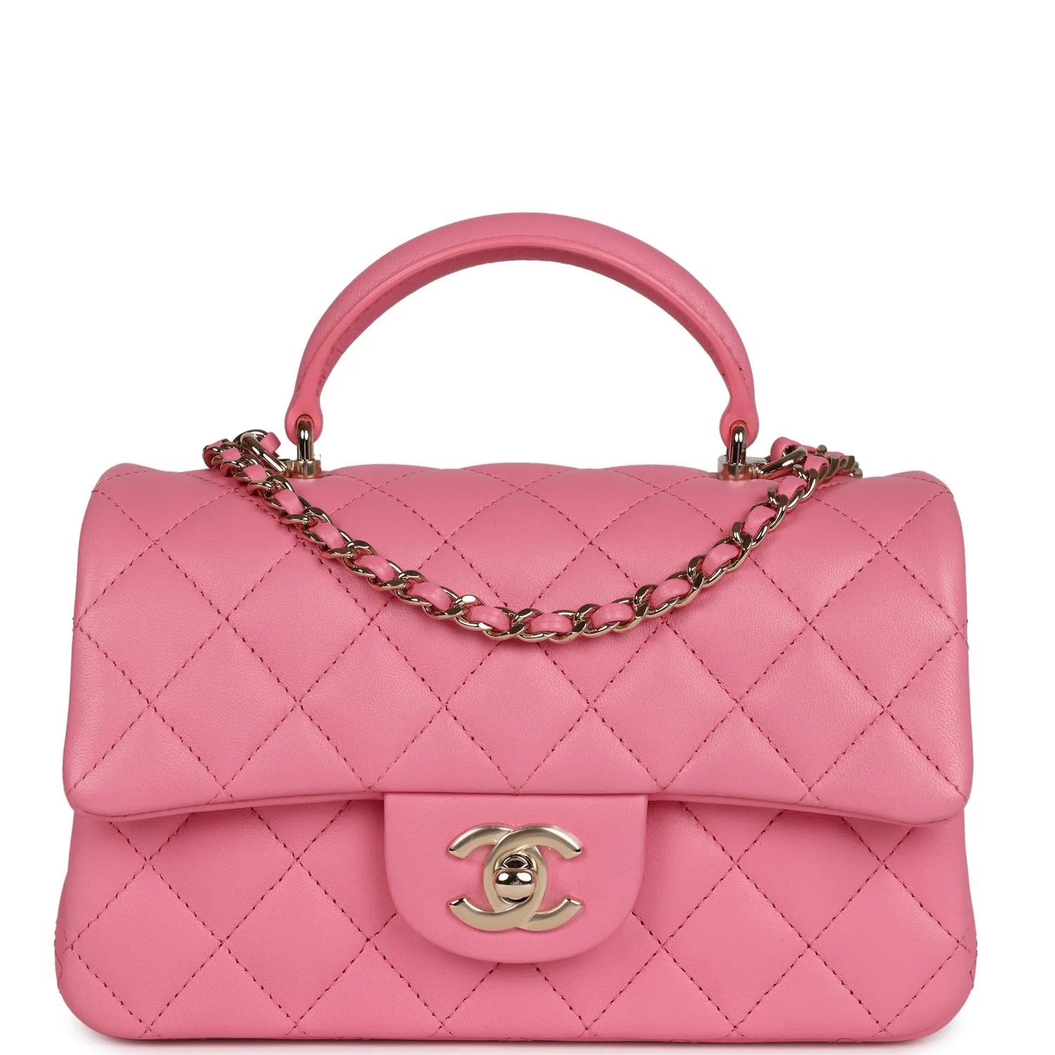 Chanel Mini Rectangular Flap with Top Handle Dark Pink Lambskin Light Gold Hardware