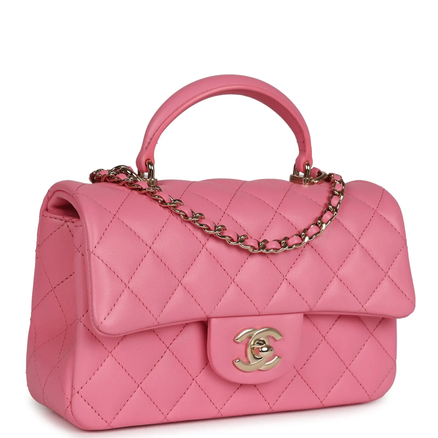 Chanel Mini Rectangular Flap with Top Handle Dark Pink Lambskin Light Gold Hardware