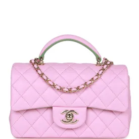 Chanel Mini Rectangular Flap with Top Handle Pink and Green Lambskin Light Gold Hardware