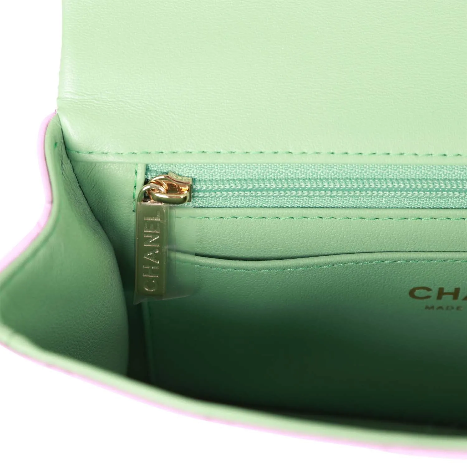 Chanel Mini Rectangular Flap with Top Handle Pink and Green Lambskin Light Gold Hardware