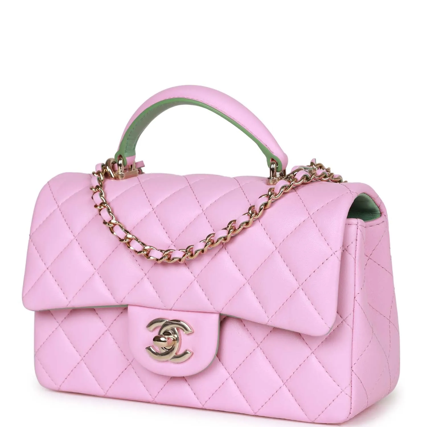 Chanel Mini Rectangular Flap with Top Handle Pink and Green Lambskin Light Gold Hardware