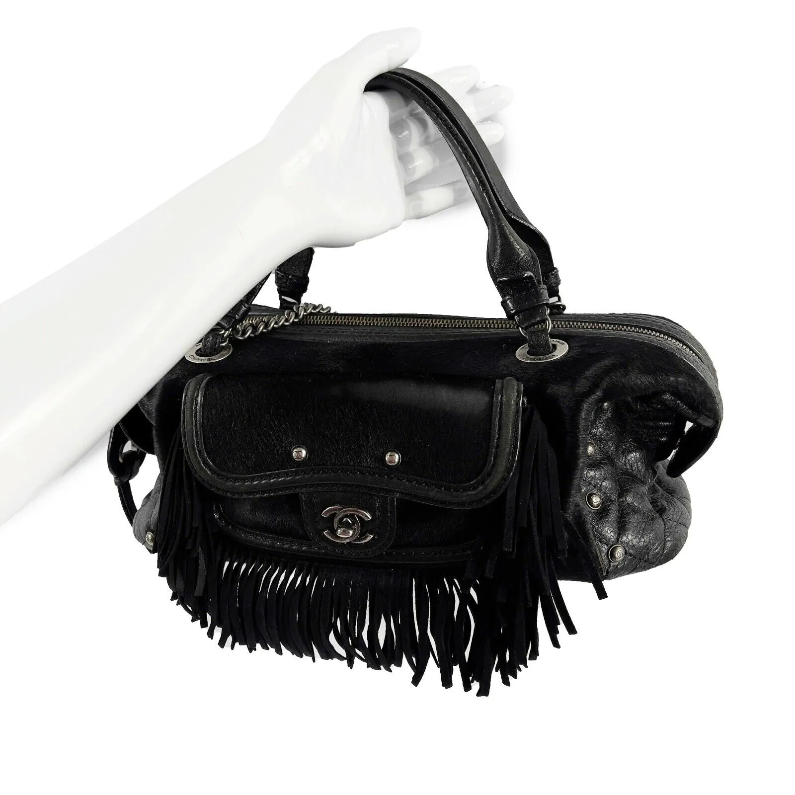 CHANEL- Paris Dallas Large Calfskin PonyHair Fringe Bowling - Shoulder bag