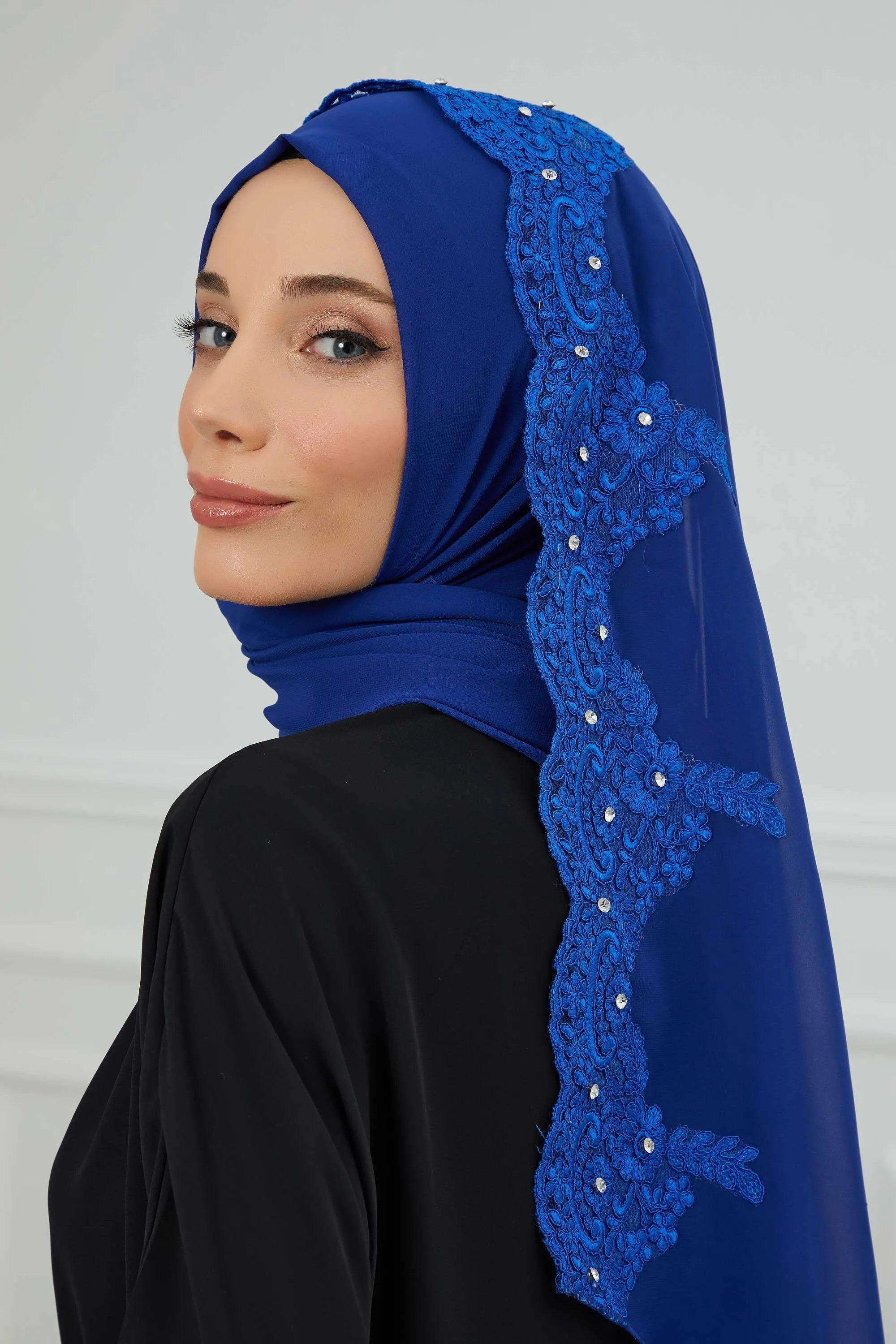 Chiffon Shawl with Handmade Unique Lace & Stone Accessories for Women, Modesty Instant Turban Cap Hat Head Wrap Stylish Long Headscarf,PS-24