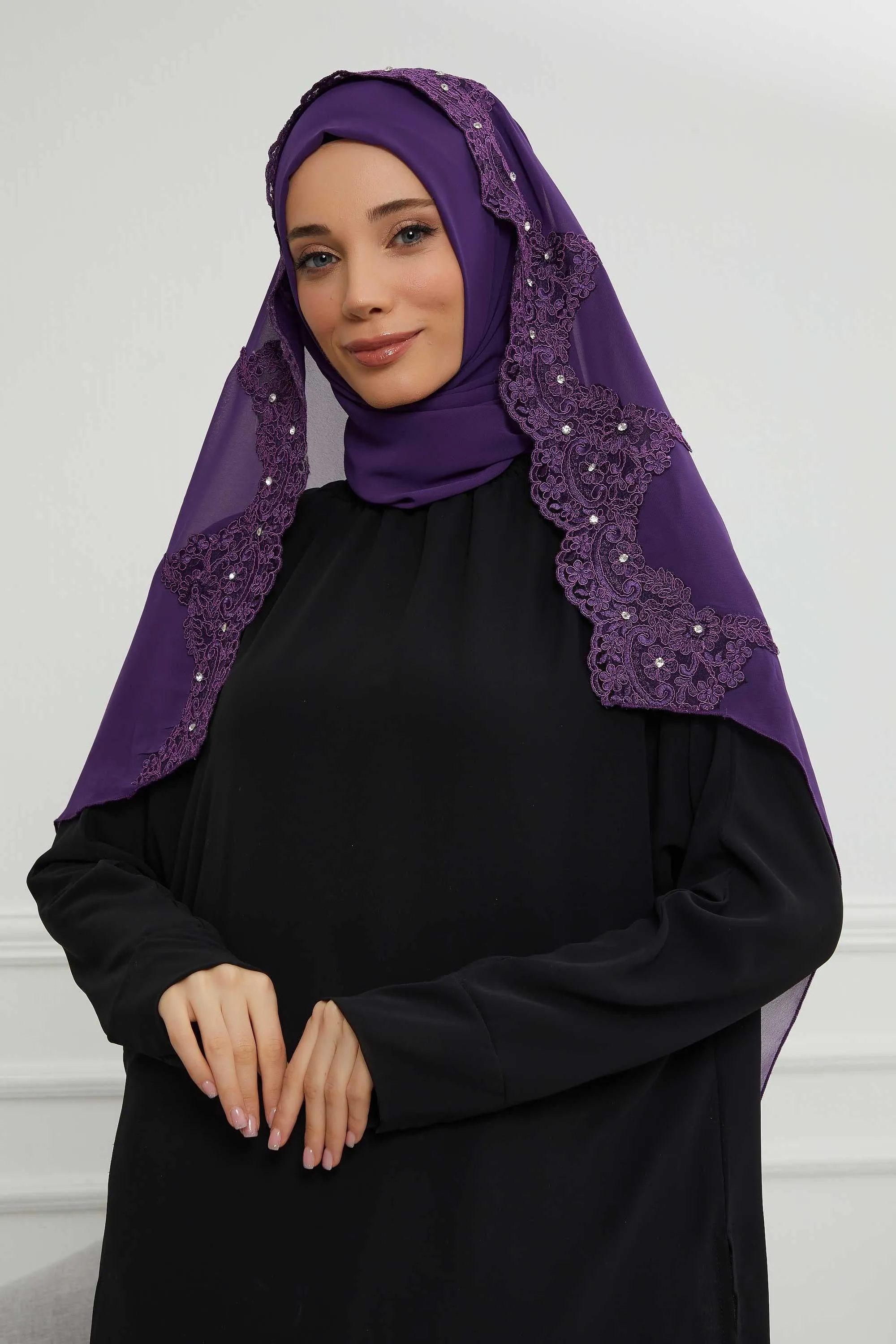 Chiffon Shawl with Handmade Unique Lace & Stone Accessories for Women, Modesty Instant Turban Cap Hat Head Wrap Stylish Long Headscarf,PS-24