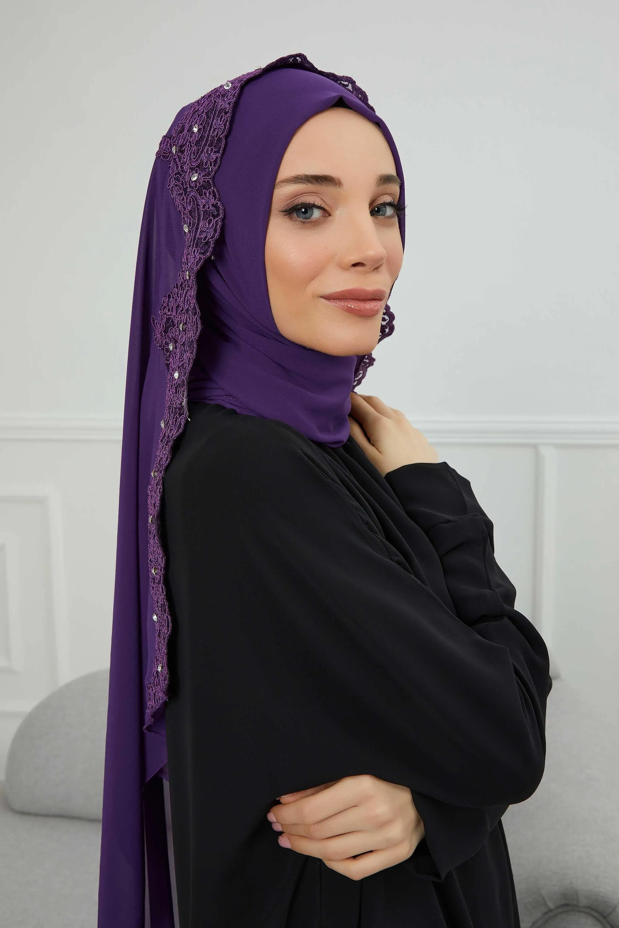 Chiffon Shawl with Handmade Unique Lace & Stone Accessories for Women, Modesty Instant Turban Cap Hat Head Wrap Stylish Long Headscarf,PS-24